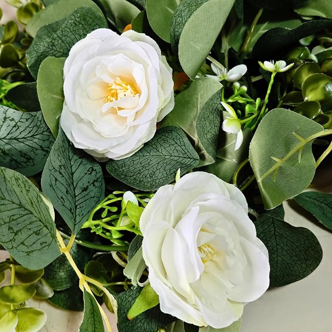 ASTRYAS 2 Pack 6.23Ft Artificial Eucalyptus Garland with Flowers, Fake Rose Garland Greenery Garlands Floral Vines for Wedding Spring Home Party Craft Art Table Runner Decor(White)
