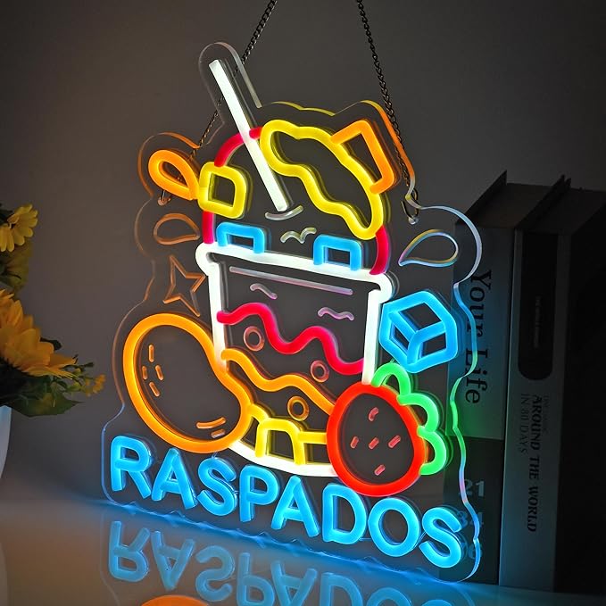 CNBEYOUNG Raspados Neon Sign, Neon Lights Hanging Wall Art Decoration for Mexican Restaurants Shop Bar Food Truck Kitchen Party Home Decor, USB - Driven, Super Bright & Adjustable,13.78x 12.6inches