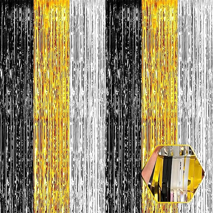 6 Pack Black Gold Silver Foil Fringe Curtain Backdrop, 3.28Ft x 8.2Ft Metallic Tinsel Foil Fringe Streamer Curtains for Photo Booth, Birthday, Wedding, New Year Party Decorations