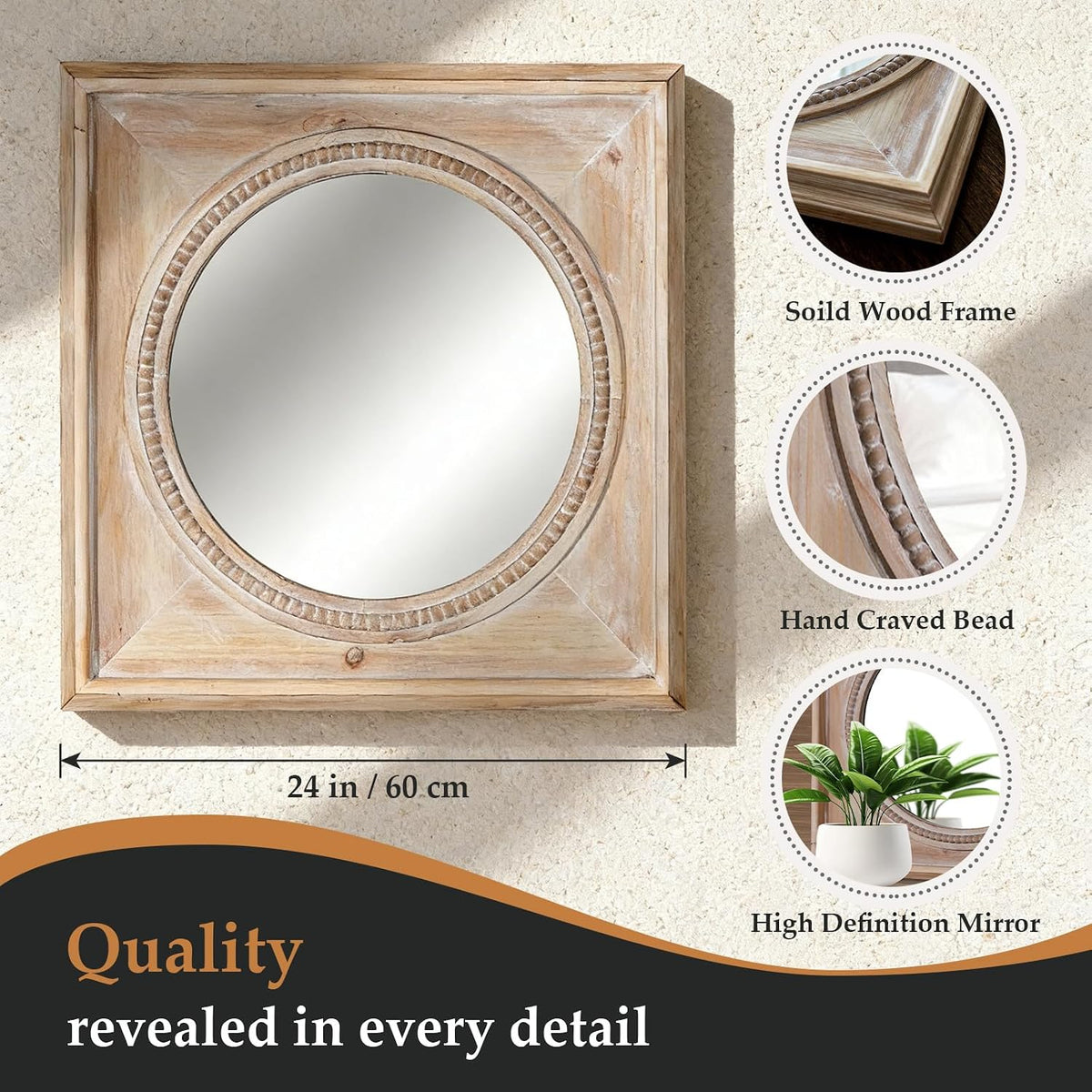 rustic square wood wall mirror with beaded trim, close-up detail