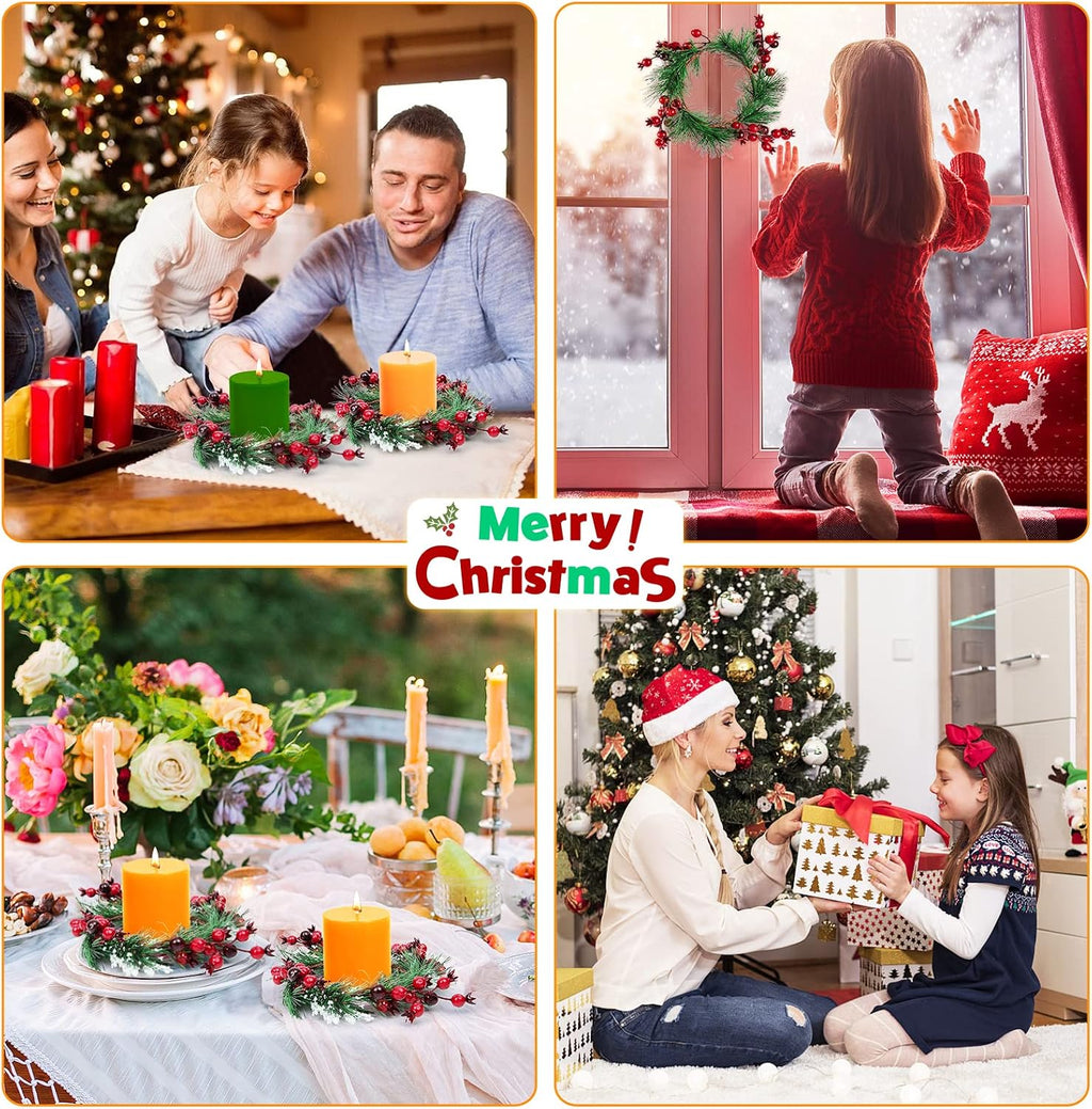 Christmas Candle Rings- 4.3 Inches Candle Wreaths Candle Garland with Artificial Red Berries- Xmas Wreath Candle Holder for Christmas Wedding Table Dinner Party Decoration, 4 Pcs