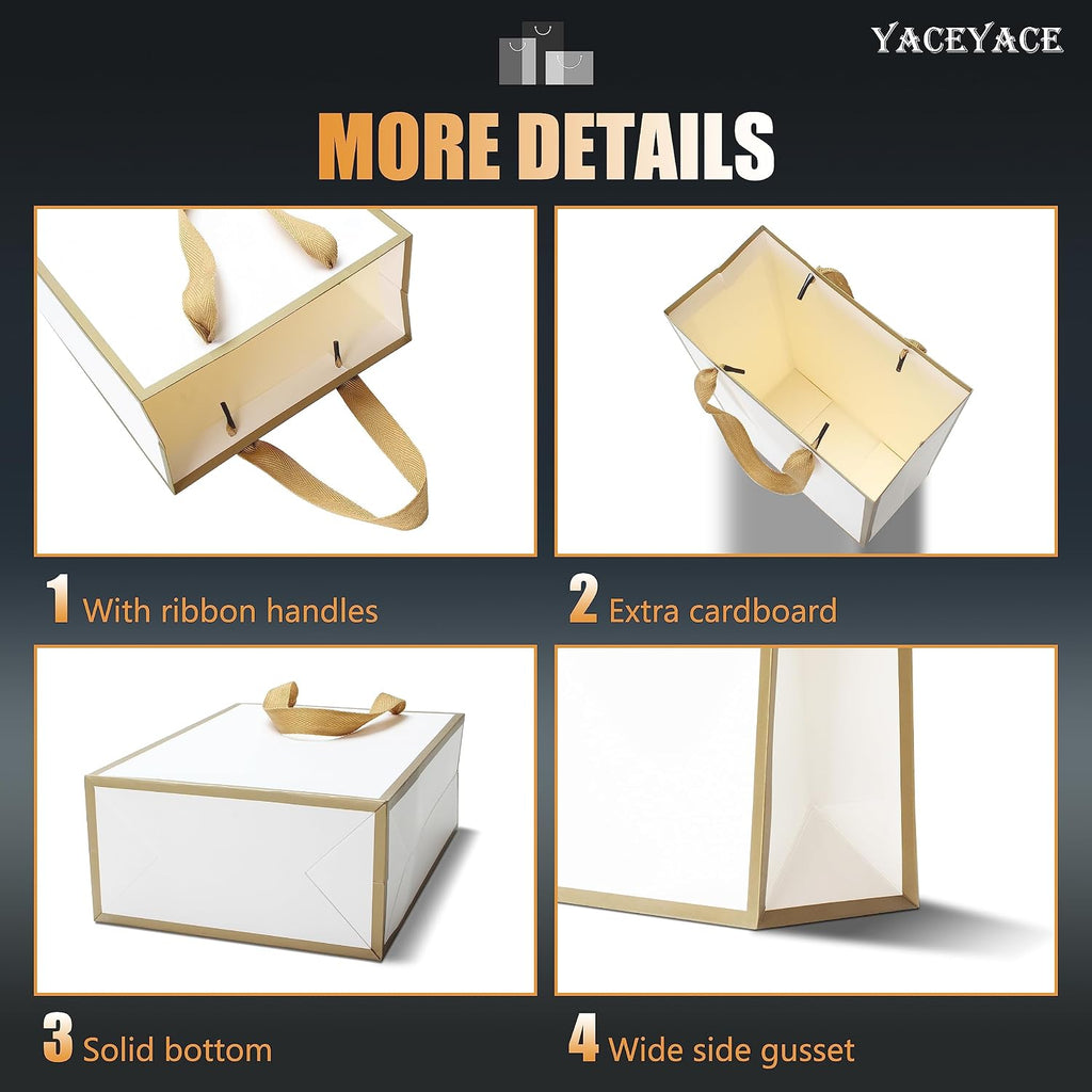 YACEYACE White Gift Bags - Medium Size, 10 Pcs, 8" x 4" x 10.5" with Gold Frame, Paper Party & Wedding Bags