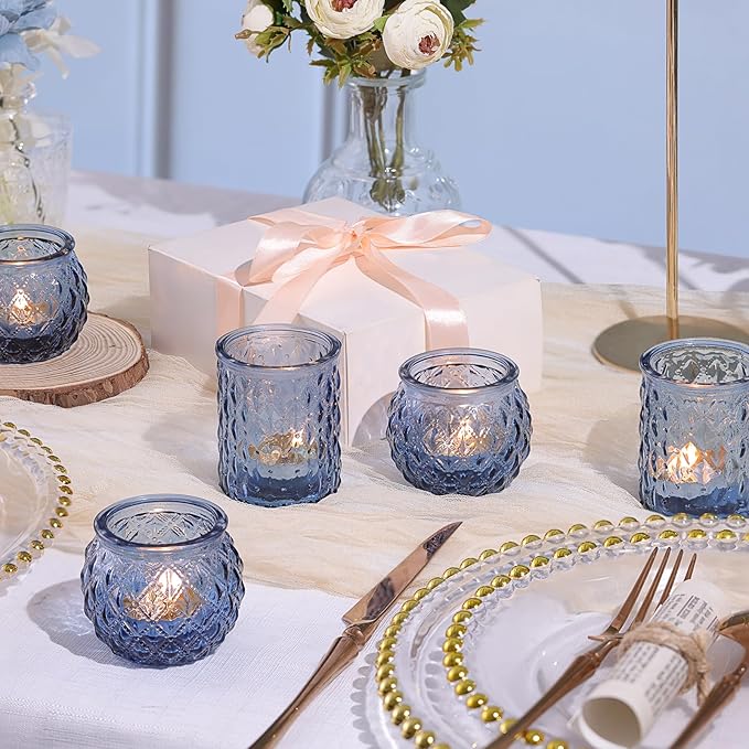 12pcs Assorted Blue Votive Candle Holders, Tea Lights Candle Holder for Wedding Decor, Blue Candle Holders for Table Centerpiece, Bridal Shower, Baby Shower Decorations