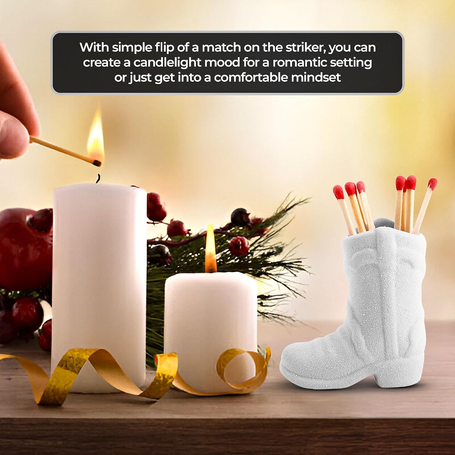 Cowboy Boot Match Holder with Striker – 1-Pack White Ceramic | Handmade Western Cowgirl Decor for Rustic, Farmhouse, or Aesthetic Homes