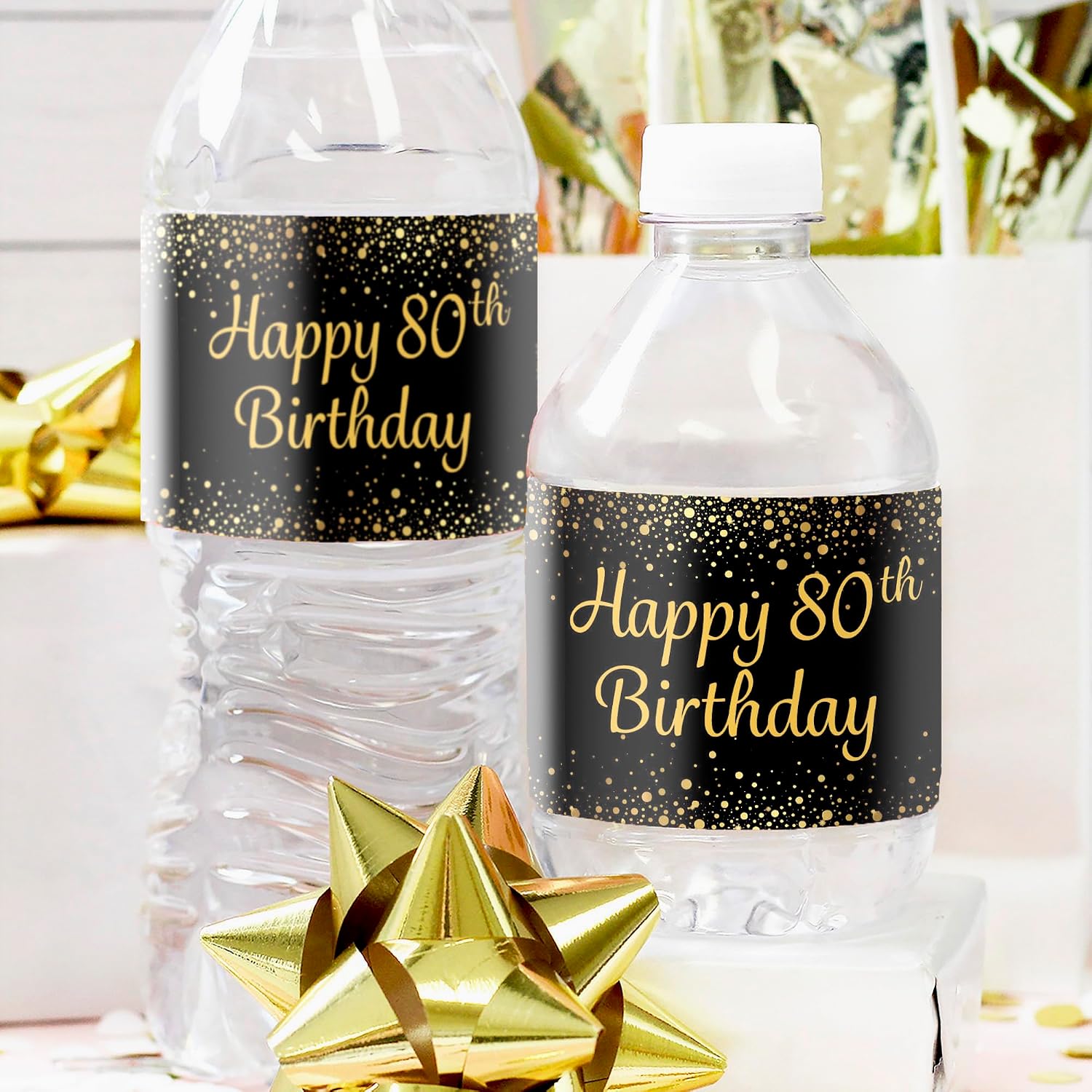 DISTINCTIVS Black and Gold 80th Birthday Water Bottle Labels – 20 Count – Waterproof – 80th Birthday Party Favors for Men and Women