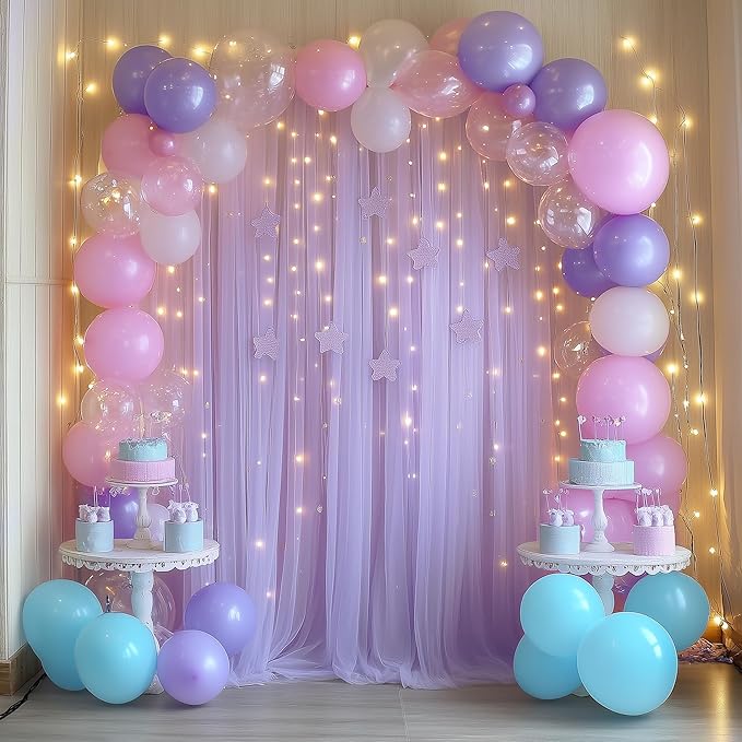 Fomcet Lavender Tulle Backdrop Curtains with Lights String 10FT X 8FT Sheer Curtain with Lights Tulle Curtains Backdrop for Wedding Birthday Party Photo Shoot (2 Panels 5x8FT)