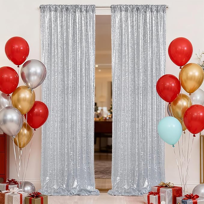 SquarePie Sequin Backdrop Non-Transparent Background Sparkly Curtain for Wedding Party 2FT x 8FT Silver 2pcs