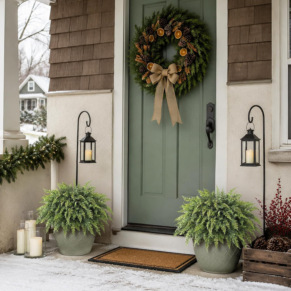 2Pcs Artificial Cedar Potted Plant Christmas Greenery for Front Porch Decor