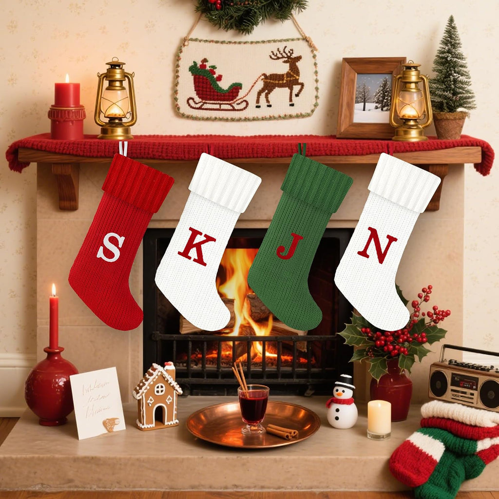 Christmas Stockings with Initials, 20 Inches Knitted Green Christmas Stockings with Monogram, Large Cable Knitted Stockings for Fireplace Holiday Family Party Decor(Green,J)