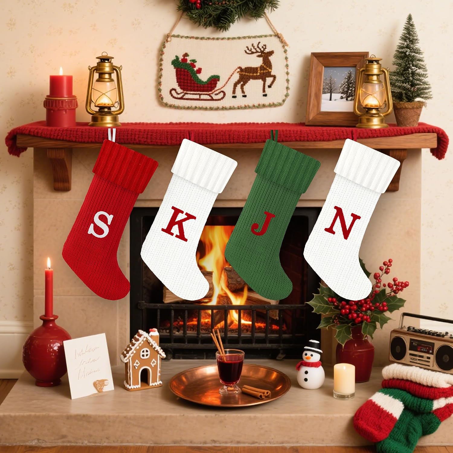 Christmas Stockings with Initials, 20 Inches Knitted Green Christmas Stockings with Monogram, Large Cable Knitted Stockings for Fireplace Holiday Family Party Decor(Green,J)