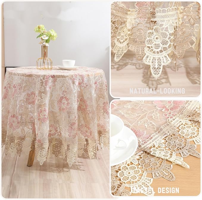 Round Embroidered Lace Tablecloth Vintage Decorative Exquisite Border Table Cover for Party Wedding Home Decorations, Round-70, Pink