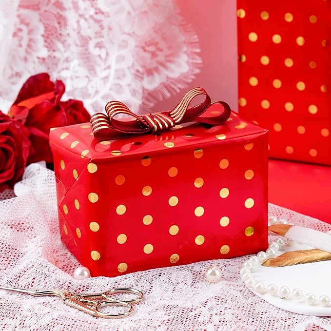 Flyhill Gold Foil Polka Dot Wrapping Paper Roll,Mini Roll Red Reversibl Gift Wrap for Birthday,Girls,Baby Shower,Wedding (17 Inch X 32.8 Feet)
