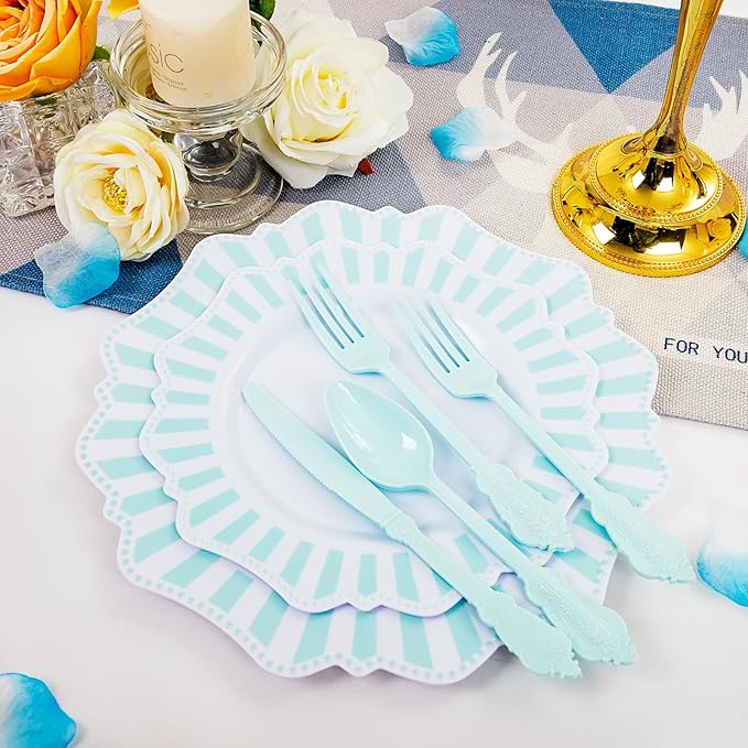 COLOSUS 150pcs Disposable Blue and White Striped Easter Plastic Party Plates and Silverware set, Light Blue Dinner/Dessert Plates silverware serve 30guests for Birthday Wedding Party and Daily use.