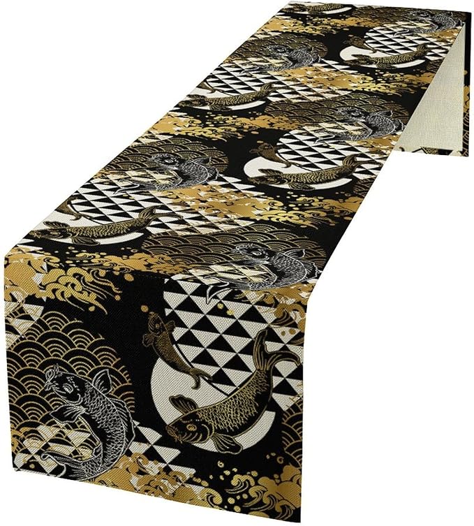 Japanese Table Runner Oriental Tradition Kio Fish Gold Art Printed Burlap Runner Home Kitchen Dining Table Living Room Decor Fabric 1 Panel W13xL70in