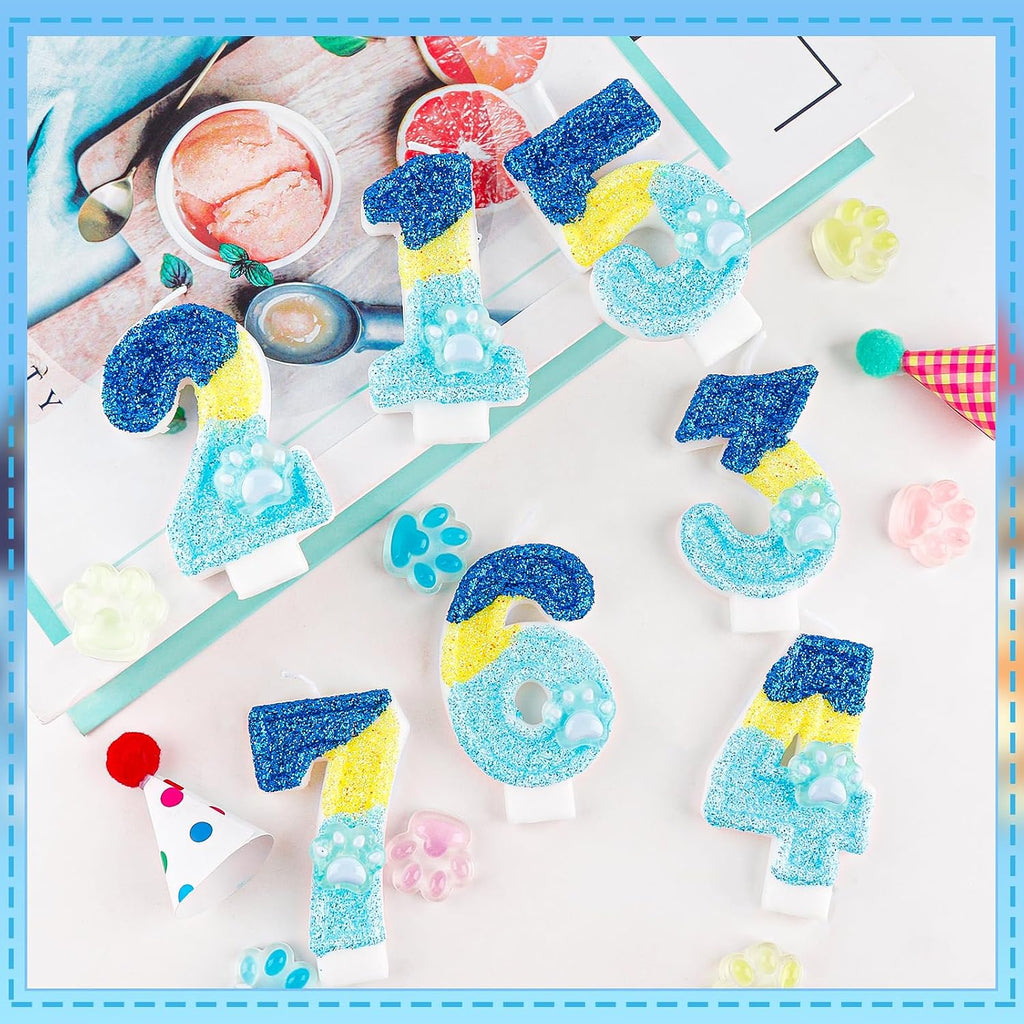 Glitter Dog and Cat 3rd Birthday Candle Blue Numbers 3 Candle Paw Cake Topper Cupcake Decorations for Pet Theme Party Decor Anniversary Celebrations Supplies