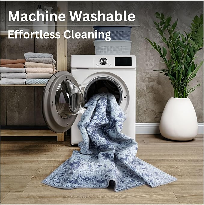 Bloom Rugs Washable Non-Slip 4' x 6' Rug - Gray/Blue Traditional Medallion Area Rug for Living Room, Bedroom, Dining Room, and Kitchen - Exact Size: 4' x 6'