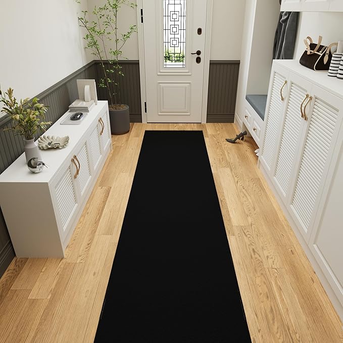 Ottomanson 3x20 Non Slip Extra Long Hallway Runner Rug with Rubber Backing - Solid Modern Kitchen Rug for Bedroom or Living Room, Black, 2'7" x 20'