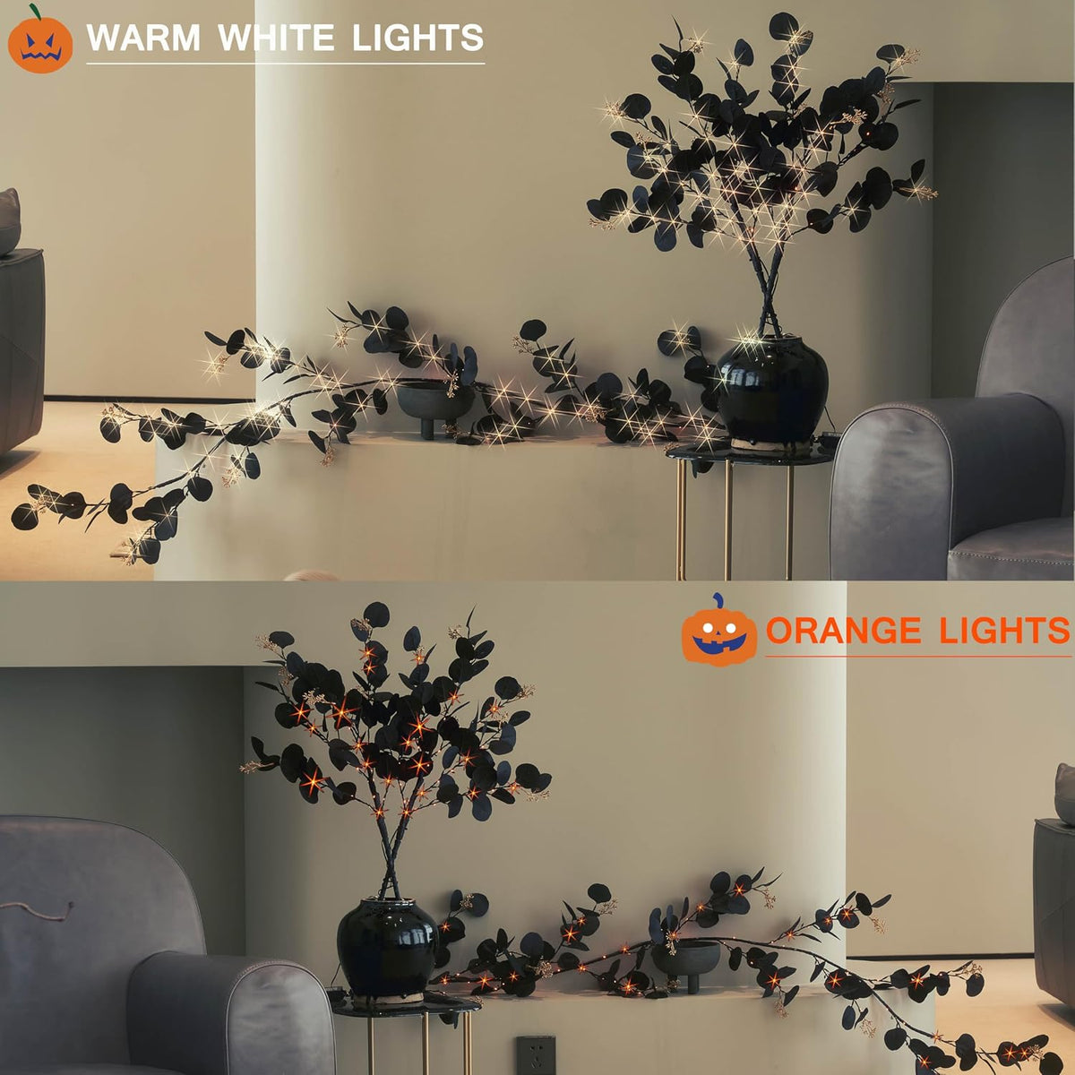 hairui lighted black eucalyptus garland with timer 96 on a desk or shelf