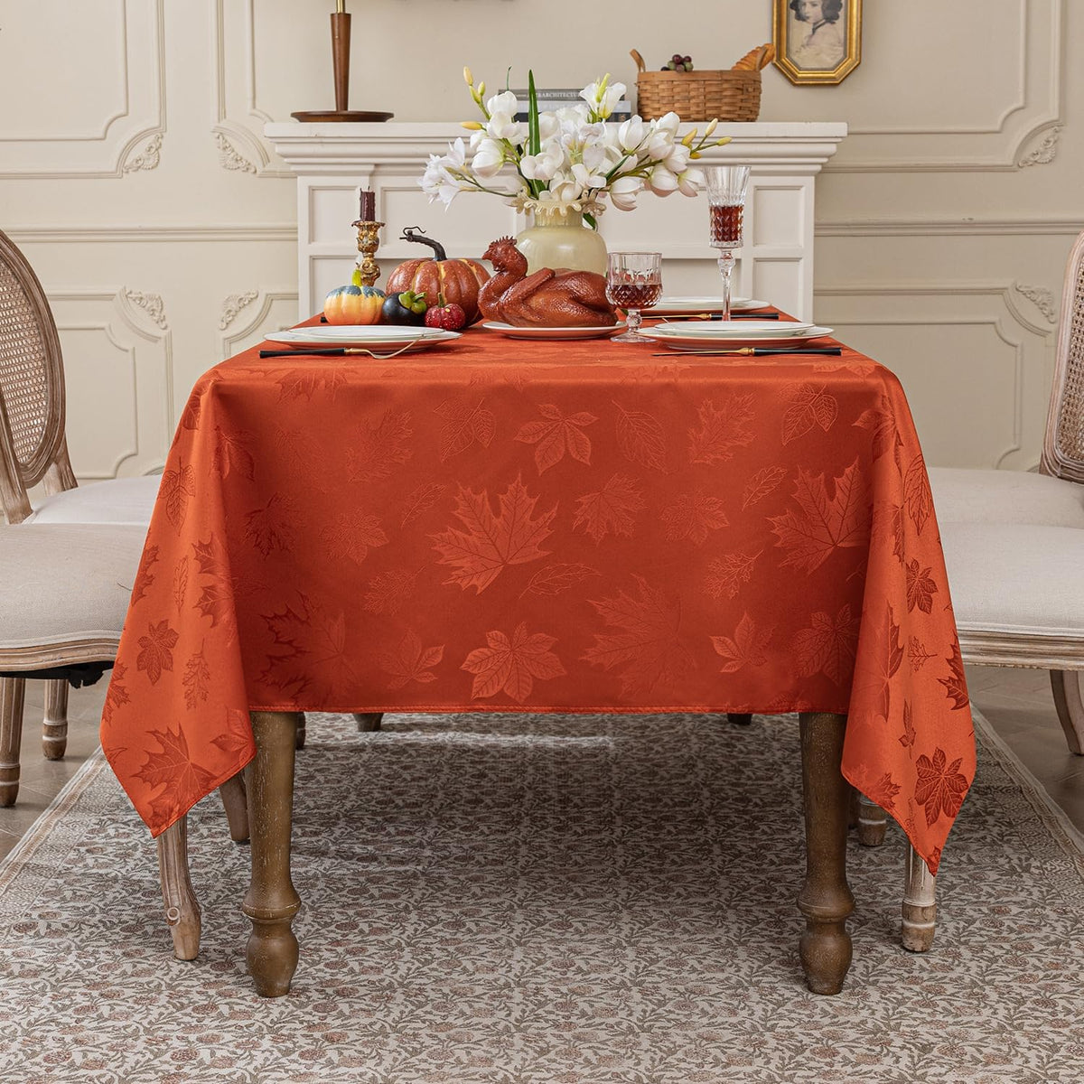 Softalker Fall Jacquard Rectangle Tablecloth, 60 x 144 Inch Burnt Orange