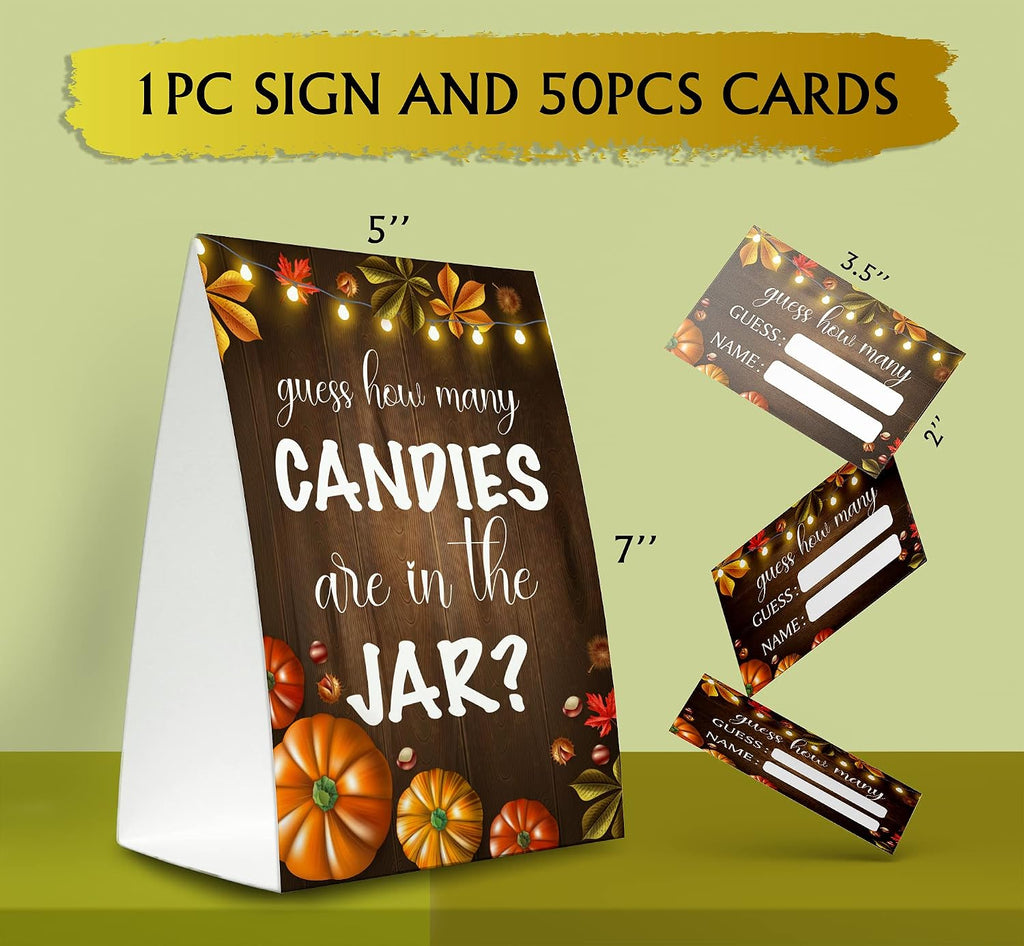 Guess How Many Candies Are in the Jar (1 Standing Sign + 50 Guessing Cards),Pumpkin Halloween,Bridal Shower Sign,Baby Shower Sign - NG01