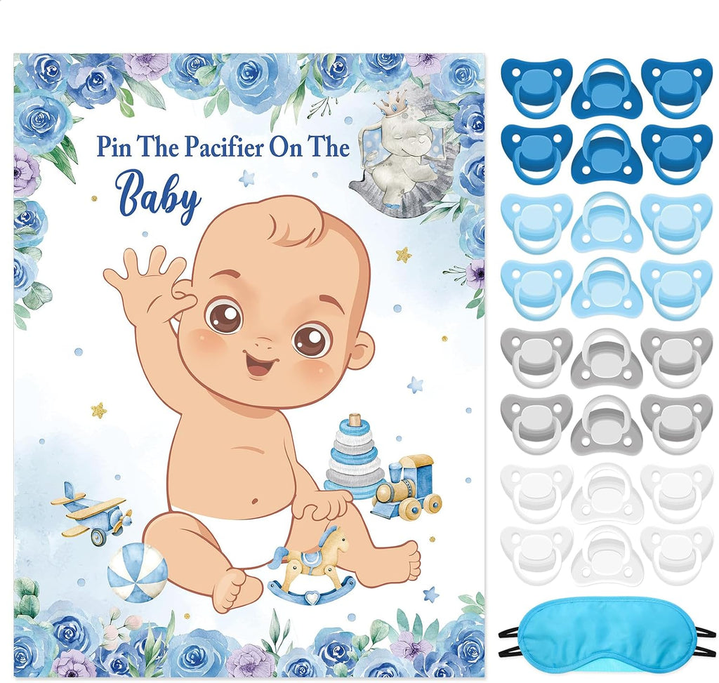 Faccito Pin The Pacifier Baby Shower Game Baby Shower Party Decorations Include Large Poster 24 Pacifier Stickers Blindfold Game Set for Birthday Party Decor Supplies(Multicolor,Elephant)
