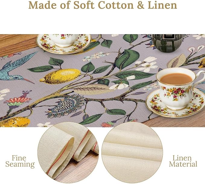 Table Runner with Flowers and Birds, Spring Plant Flowers Table Decoration Linen Table Runner Family Party Party Decorations 13x120 Inches