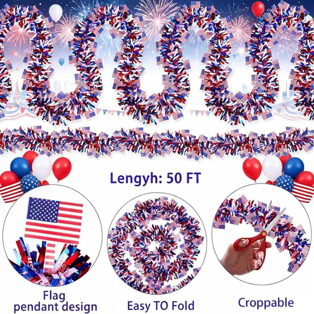 50Ft 2026 4th of July Garland Decorations, Glitter Tinsel Patriotic Decor 250 Anniversary USA Merchandise, Red White Blue with American Flags for National Independence Day Decor