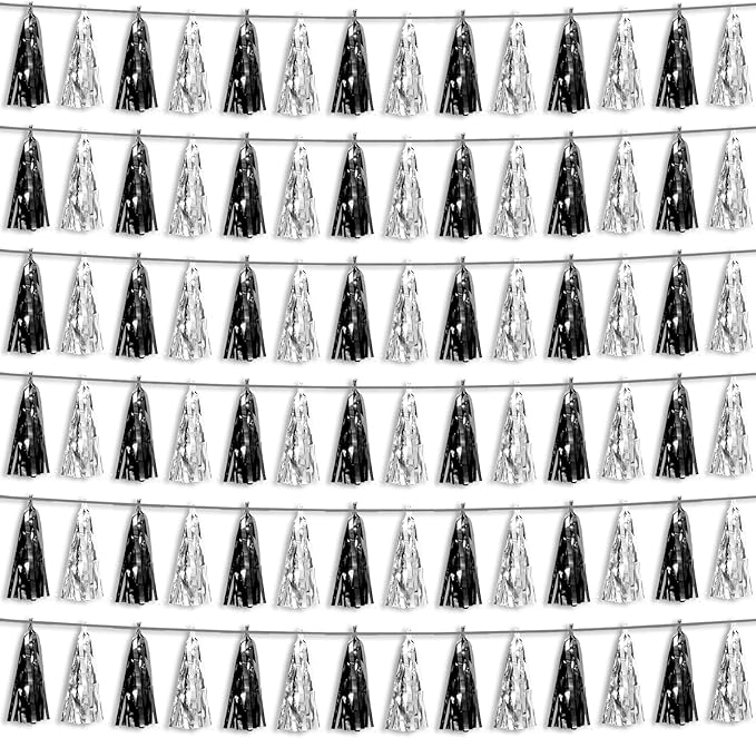 6P Black Silver Foil Fringe Metallic Tassel Streamers Banner Tassel Garland for Parade Floats, Graduation, Wedding, Birthday, Graduation, Christmas, Bridal/Baby Shower Party Decorations