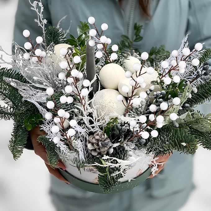 40 Pcs Artificial Berry Stems Branches, Christmas White Faux Holly Berries Picks Ornaments for Christmas Tree Wreath DIY Craft Decorations Holiday Home Decor (40, White)