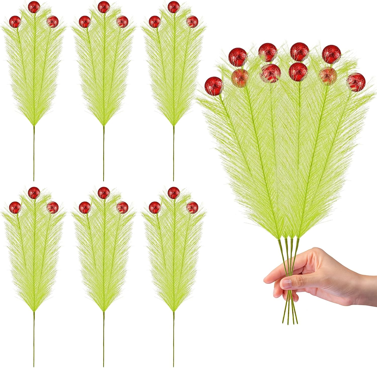 10 Pcs Christmas Tree Topper - 17" Christmas Tree Picks and Sprays Lime Green Curly Stems with Red Ball Artificial Xmas Decorations for Vase Fillers Wreath Home Party Holiday Docor