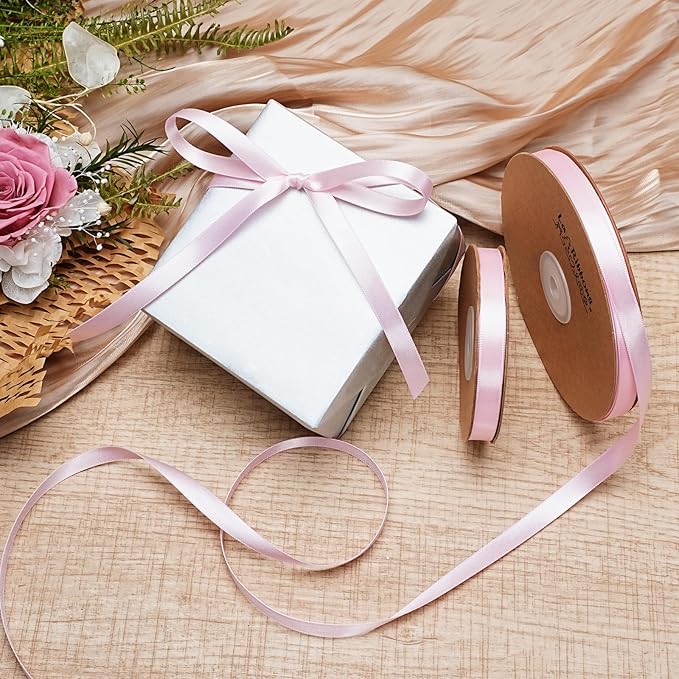 LaRibbons Light Pink Satin Ribbon 3/8 Inch 25 Yards Luxury Double Faced Pink Silk Ribbon for Gift Wrapping Flower Bouquet Crafts Wedding Party Babyshower Decoration