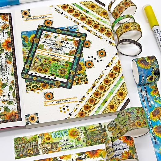 27 Rolls Washi Tape Set - Decorative Masking Tape Colored Sunflower Patterns, Adhesive Artists Tapes for Journaling Supplies, DIY Crafts, Scrapbooking, Junk Journal Supplies, School Supplies