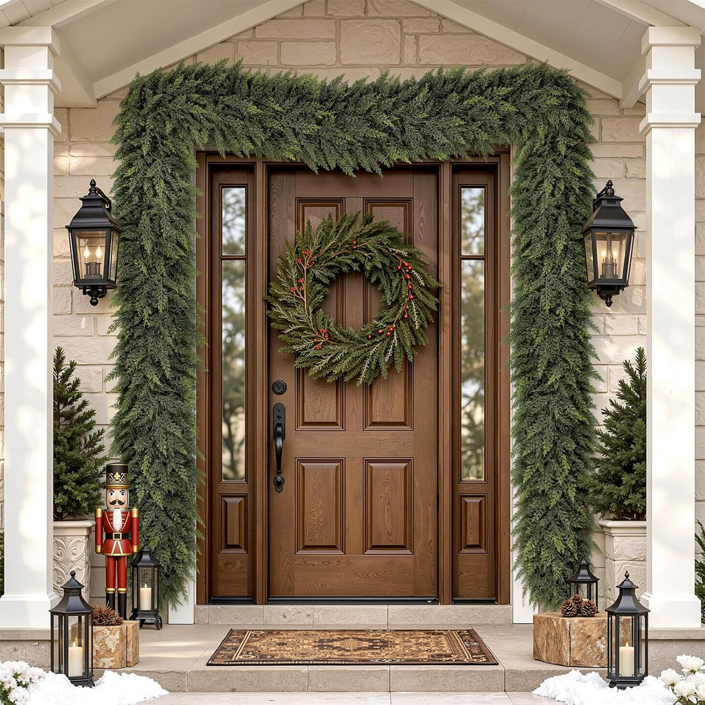 6ft christmas cedar garland, real touch soft greenery on a desk or shelf