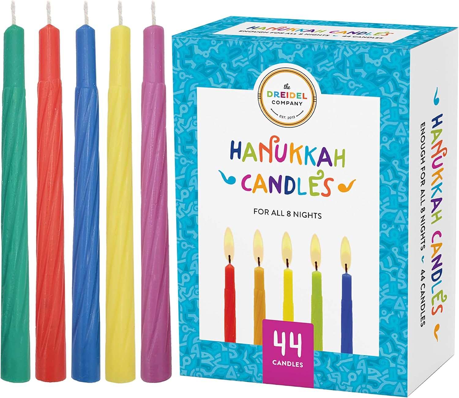 The Dreidel Company Menorah Candles Chanukah Candles 44 Colorful Hanukkah Candles for All 8 Nights of Chanukah Standard Size Fits Most Menorahs