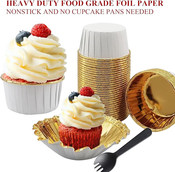 50 Pack Jumbo Cupcake Cups with Lids,LNYZQUS 5oz Foil Cupcake Muffin Liners,Disposable Ramekins Pans Muffin Tins,Large Baking Cups Cupcake Wrappers Holders -White in gold