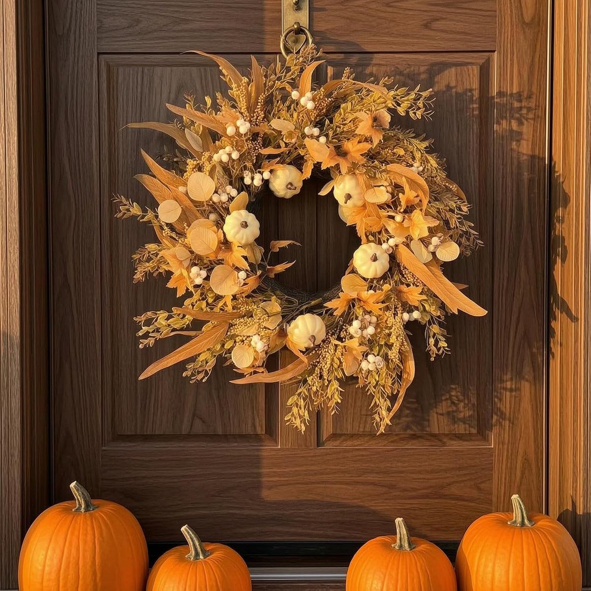 24 inch neutral fall wreath for front door on a desk or shelf