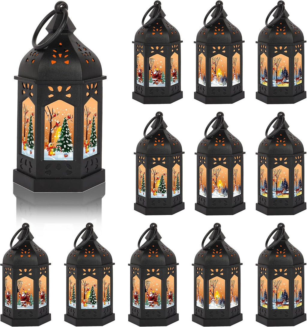 LLQ 12Pcs Christmas Decorations Mini Lanterns with Xmas Pattern & Flicker LED Candles, Vintage Christmas Centerpieces, Black Lantern Decorative, Small Candle Holder for Holiday Party Table, Ornaments