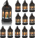 LLQ 12Pcs Christmas Decorations Mini Lanterns with Xmas Pattern & Flicker LED Candles, Vintage Christmas Centerpieces, Black Lantern Decorative, Small Candle Holder for Holiday Party Table, Ornaments