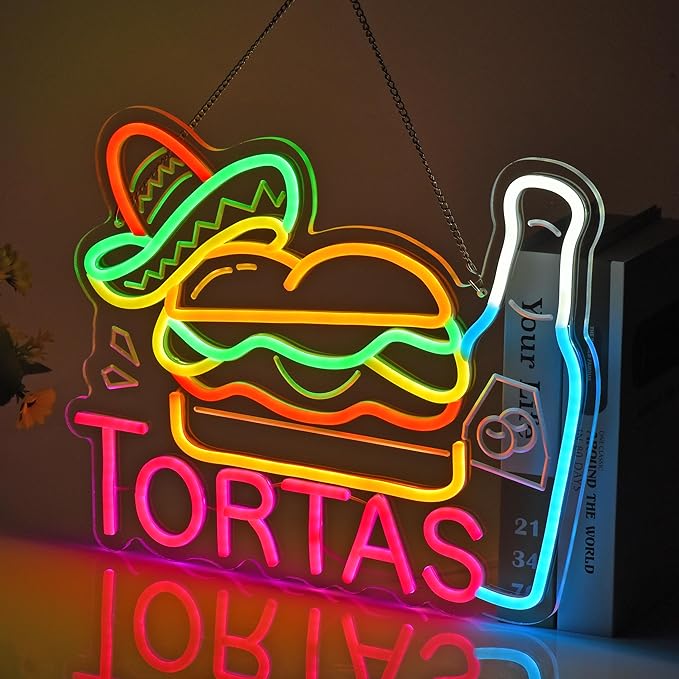 CNBEYOUNG Tortas Neon Sign, Neon Lights Hanging Wall Art Decoration for Mexican Restaurants Shop Bar Food Truck Kitchen Party Home Decor, USB - Driven, Super Bright & Adjustable,16.54x 12.6inches