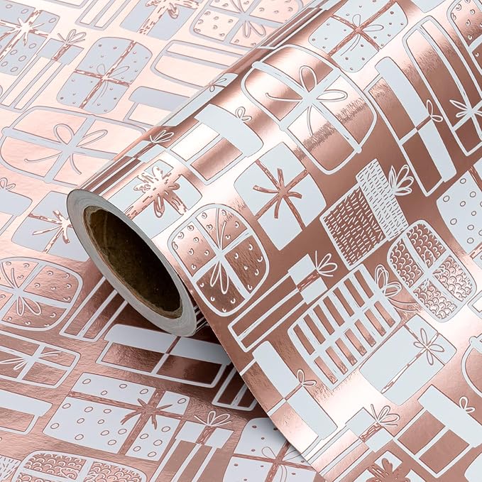WRAPAHOLIC Wrapping Paper Roll - Mini Roll - 17 Inch x 33 Feet - Rose Gold Present Design with Metallic Foil Shine for Birthday, Party, Baby Shower