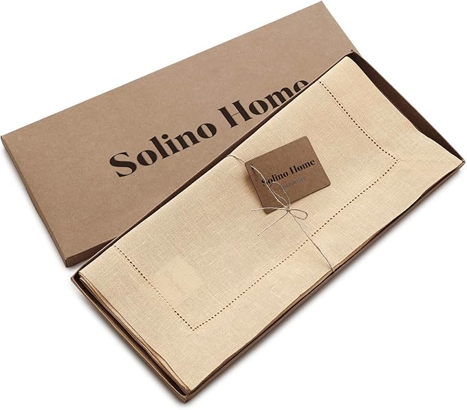 Solino Home Linen Beige Table Runner 90 Inches Long - 100% Pure Linen 14 x 90 Inch Table Runner for Fall, Autumn, Thanksgiving, Christmas - Classic Hemstitch