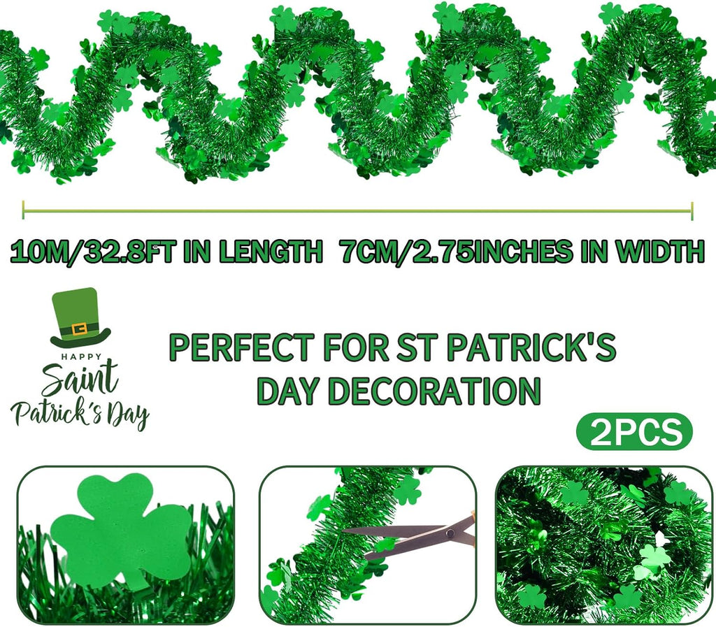 2 Pack St Patrick’s Day Tinsel Garland Decoration 66 Feet Hanging Metallic Green Shamrock Garland for Irish Festival Mantle Wall Window Decor