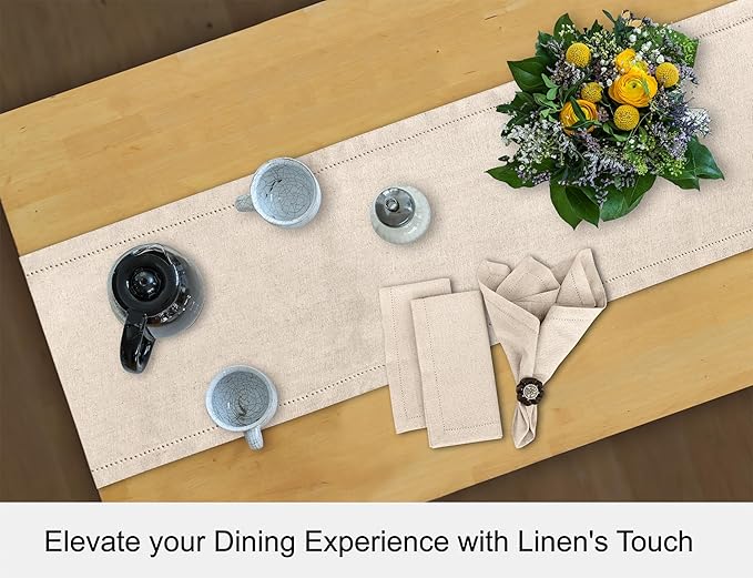 Ruvanti Linen Table Runner 72 Inches, Classic Hemstitch, Washable, Reusable, Non-Slipping, Stain Resistant- Perfect for Parties, Weddings, Dinners, Thanksgiving, Christmas, Indoor use – Natural