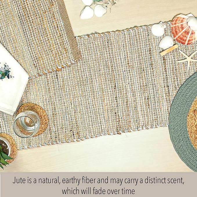Chardin home Natural Jute Table Runner 13x36 Inch – Vintage Boho Rustic Table Decor – Handwoven Table Runner in Natural Jute and Sage Green-White – Farmhouse Dining or Console Table Accent