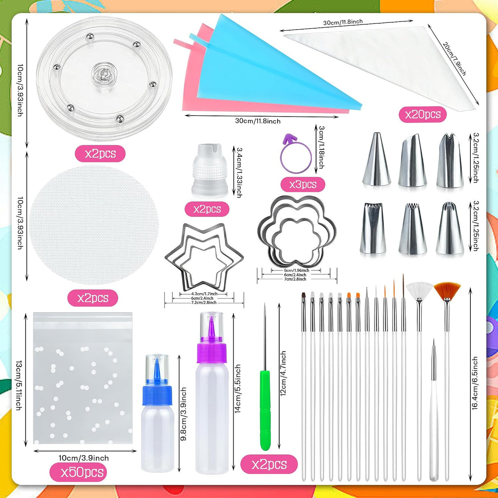 112 PCS Cookie Decorating Kit Supplies Including Acrylic Turntable Brushes Scribe Needle Bags Icing Bottle for Cookie Cupcake Cake Decoration