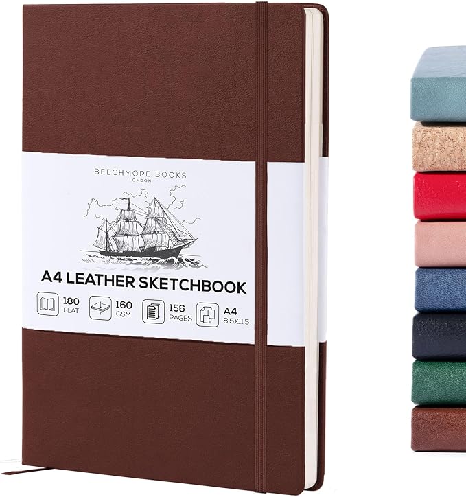 Beechmore Books A4 Sketchbook – 8.5x11 Premium Vegan Leather Bound Large Sketch Book Hardcover with 156 Thick 160gsm Perforated Ivory Pages, Blank Sketch Pad, Gift Boxed, Back Pocket, Ribbon Bookmark