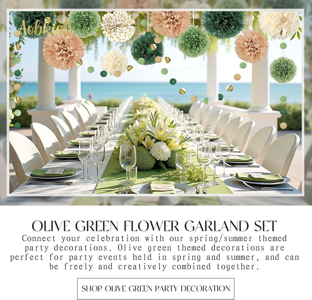 AOBKIAT Wedding Party Decorations Set,15PCS for Green Neutral Baby Shower | Green Khaki Tissue Paper Pom Poms,Garland String Hanging Backdrop for Engagement,Green Boho Themed,Bridal Shower