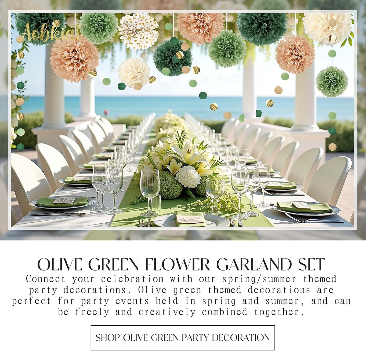 AOBKIAT Wedding Party Decorations Set,15PCS for Green Neutral Baby Shower | Green Khaki Tissue Paper Pom Poms,Garland String Hanging Backdrop for Engagement,Green Boho Themed,Bridal Shower