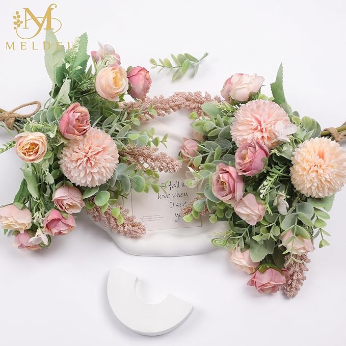 Meldel 3Pcs Rose Bouquet Pink Artificial Flowers Eucalyptus Plants Fake Silk Flower Arrangements Wedding Bouquets Decorations Plastic Floral Table Centerpieces for Home Kitchen Garden Party Decor
