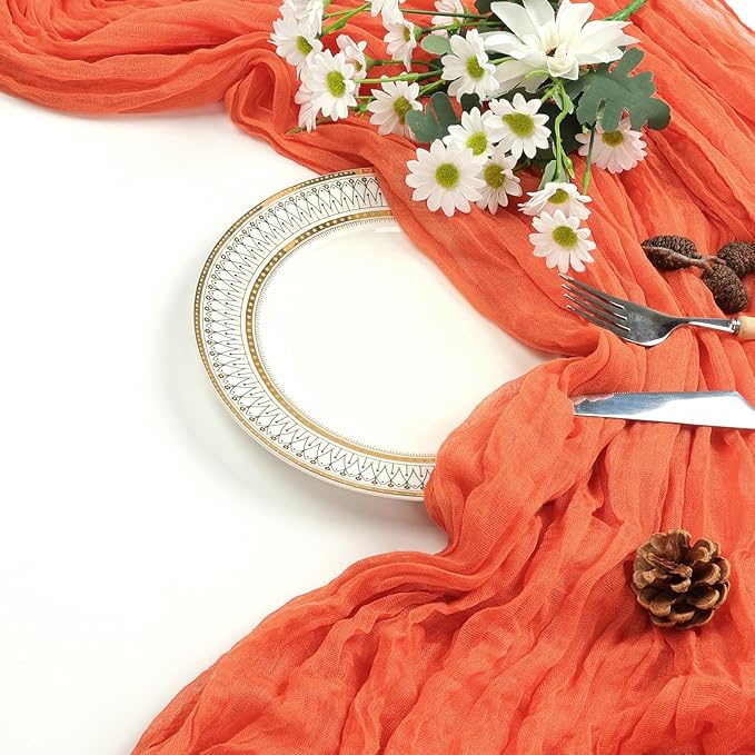 6 Pack Fall Thanksgiving Table Runner Orange 10ft Boho Gauze Fabric Cheesecloth Table Runner 35 x 120 Inch Rustic Sheer Runner for Wedding Home Décor Halloween Party Centerpiece Decorations